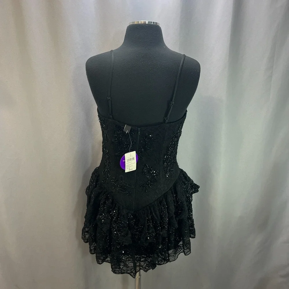 Windsor Midnight Magic Mini Dress Women Large Black Sequin Lace Spaghetti Straps